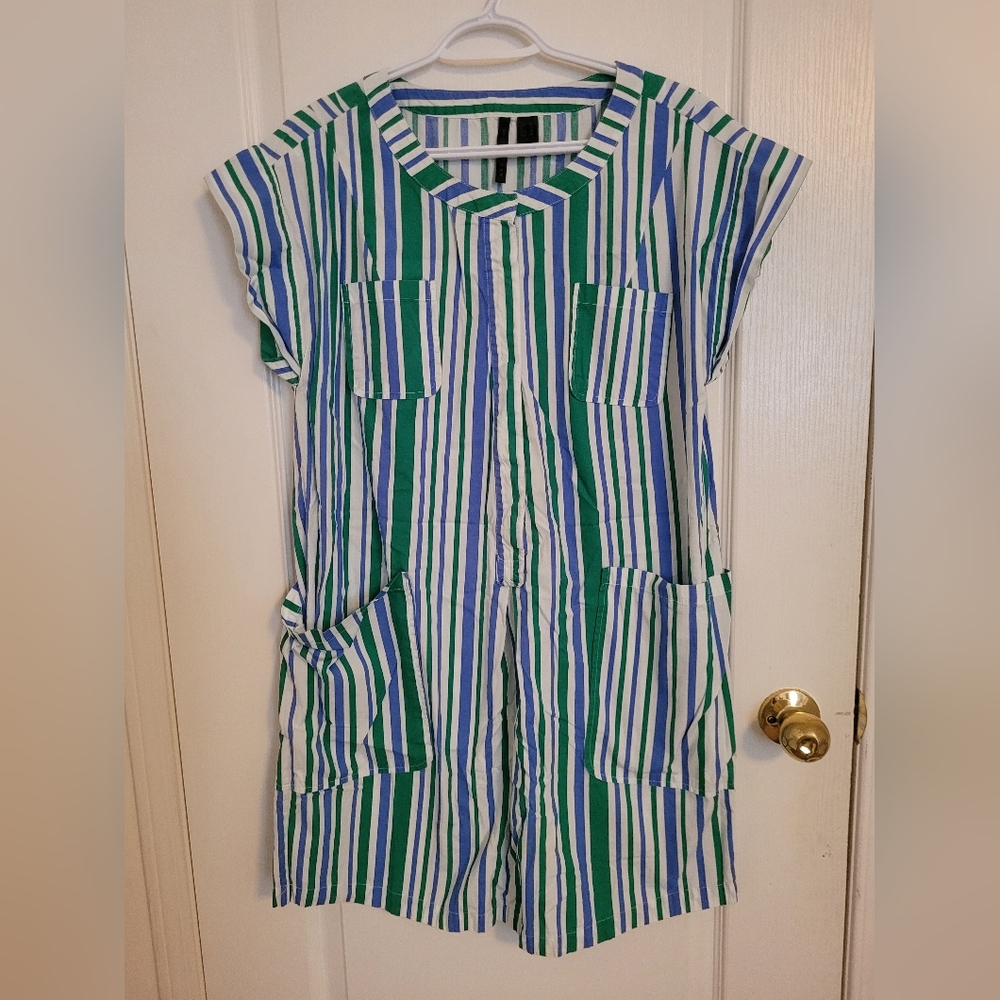 Mango Striped Green and Blue Short Sleeve Dress